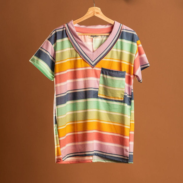 Love me More- Multicolored stripe terry vneck knit top Esme and Elodie 