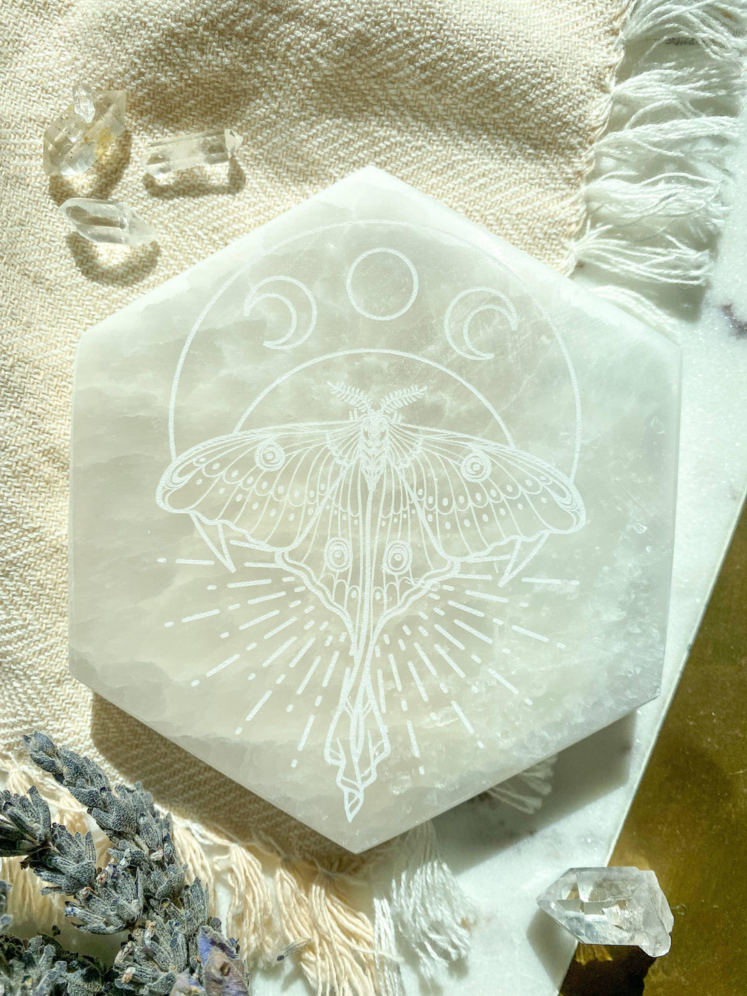 "Luna Moth" 4 inch Selenite Hexagon Crystal Charging Plate - Esme and Elodie
