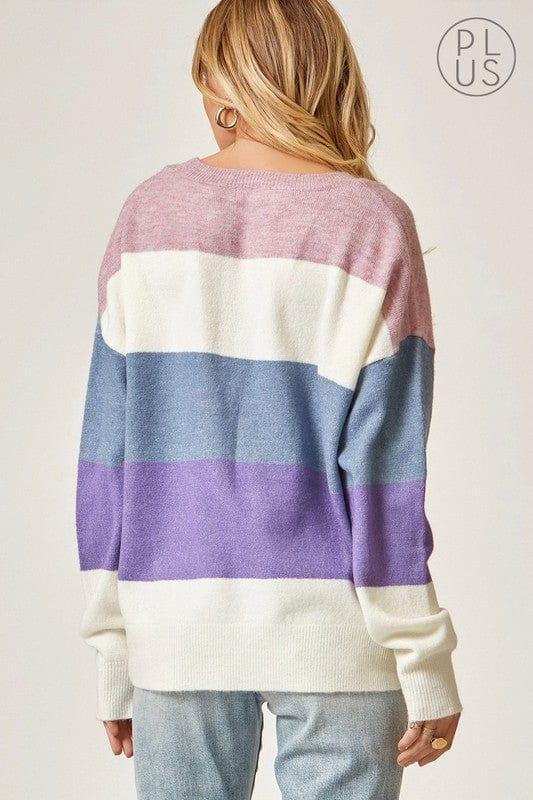 Maeve- color block sweater in lilac, periwinkle, white and gray - Esme and Elodie