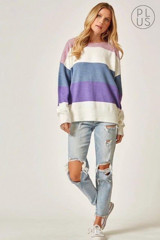 Maeve- color block sweater in lilac, periwinkle, white and gray - Esme and Elodie
