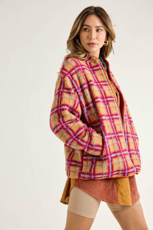 Women's Magenta Orange Plaid fleece zip up jacket - Esme and Elodie