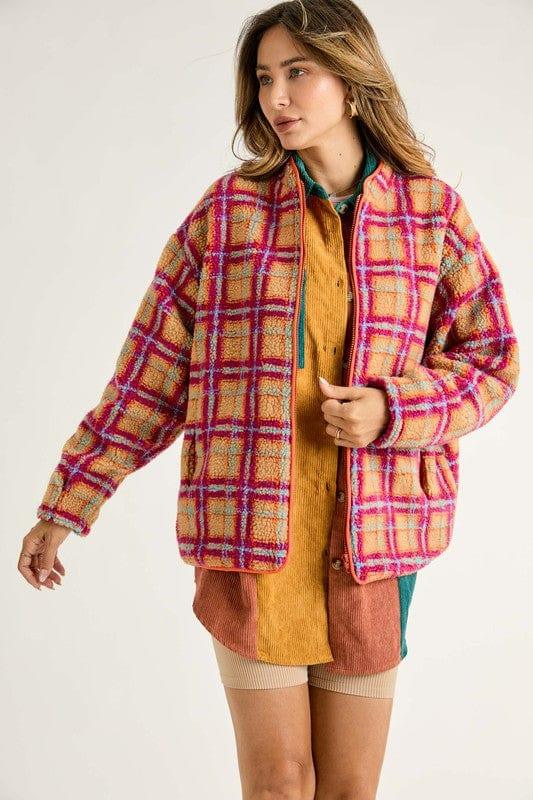 Women's Magenta Orange Plaid fleece zip up jacket - Esme and Elodie