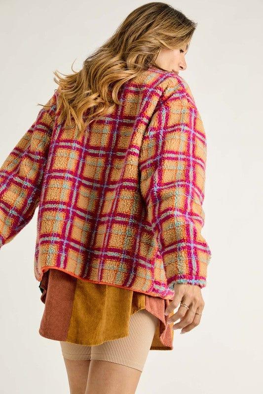 Women's Magenta Orange Plaid fleece zip up jacket - Esme and Elodie