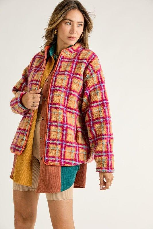 Women's Magenta Orange Plaid fleece zip up jacket - Esme and Elodie