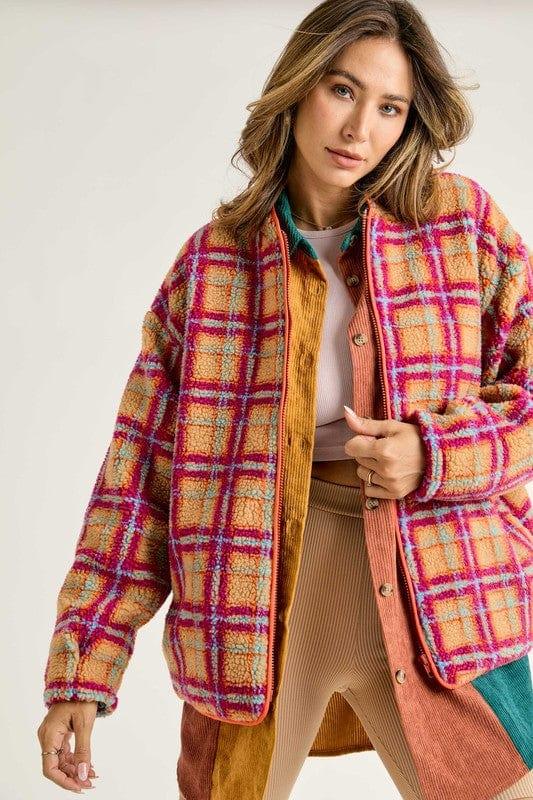 Women's Magenta Orange Plaid fleece zip up jacket - Esme and Elodie