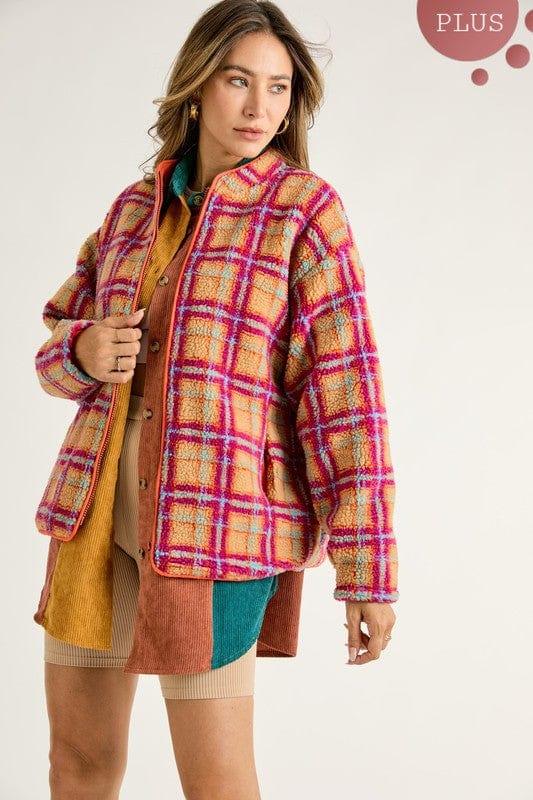 Women's Magenta Orange Plaid fleece zip up jacket - Esme and Elodie