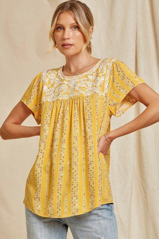 Marigold- plus size womens baby doll top in marigold with embroidery yoke - Esme and Elodie