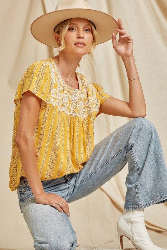 Marigold- plus size womens baby doll top in marigold with embroidery yoke - Esme and Elodie