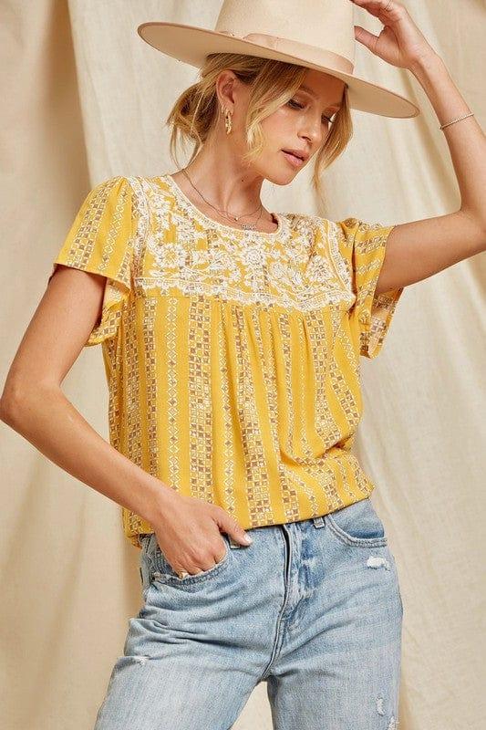 Marigold- plus size womens baby doll top in marigold with embroidery yoke - Esme and Elodie