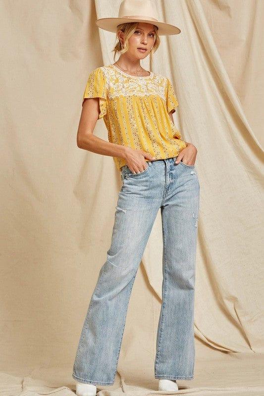 Marigold- plus size womens baby doll top in marigold with embroidery yoke - Esme and Elodie