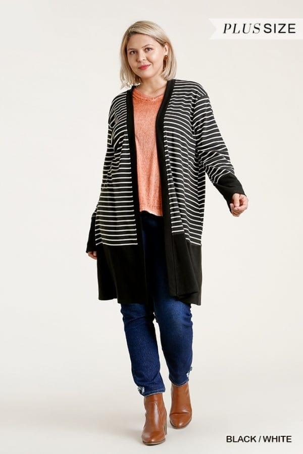 Marty- plus size black and white striped cardigan - Esme and Elodie