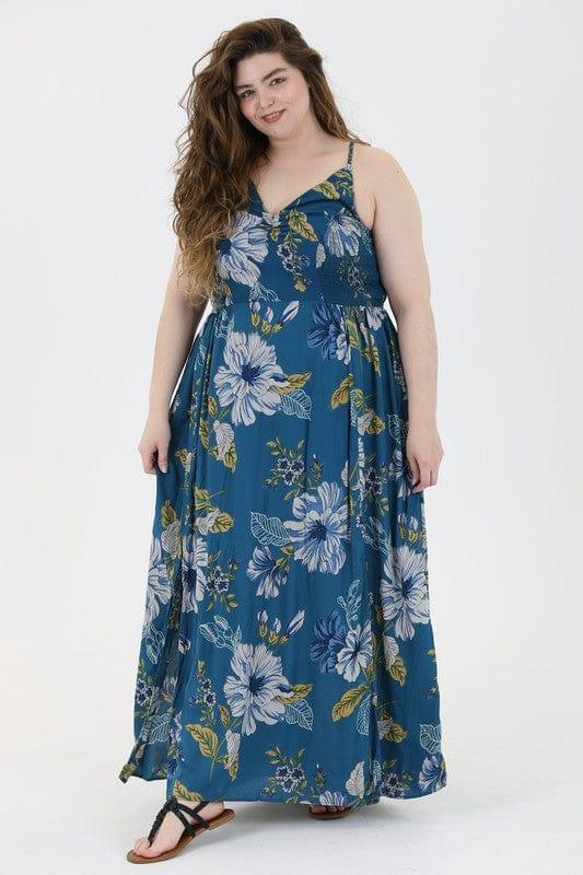 Midnight Navy- Plus size dark navy faux floral dress with side slits - Esme and Elodie