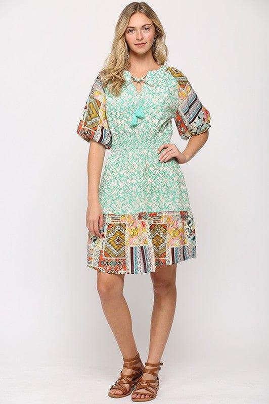 Mint Julep- womens mixed patchwork dress with self tie and bubble sleeves - Esme and Elodie
