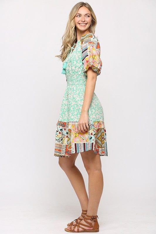 Mint Julep- womens mixed patchwork dress with self tie and bubble sleeves - Esme and Elodie