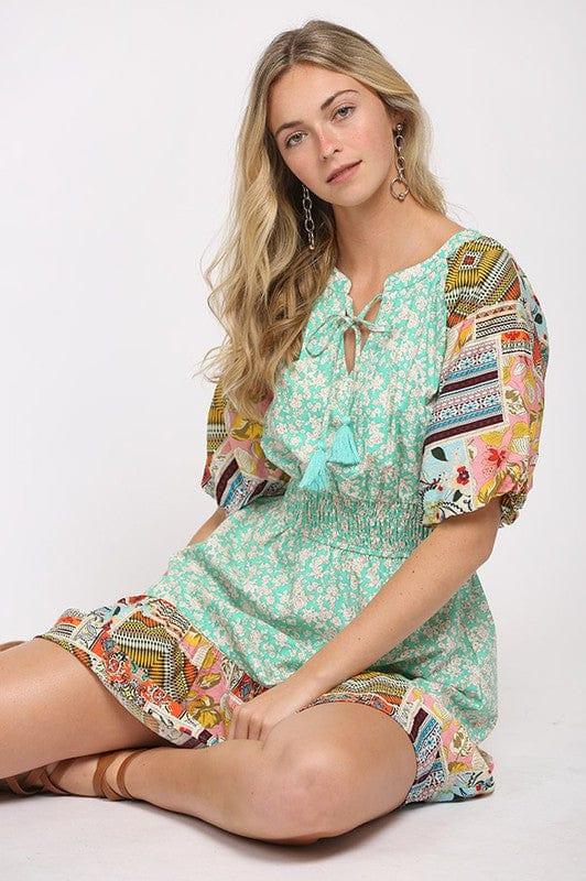 Mint Julep- womens mixed patchwork dress with self tie and bubble sleeves - Esme and Elodie