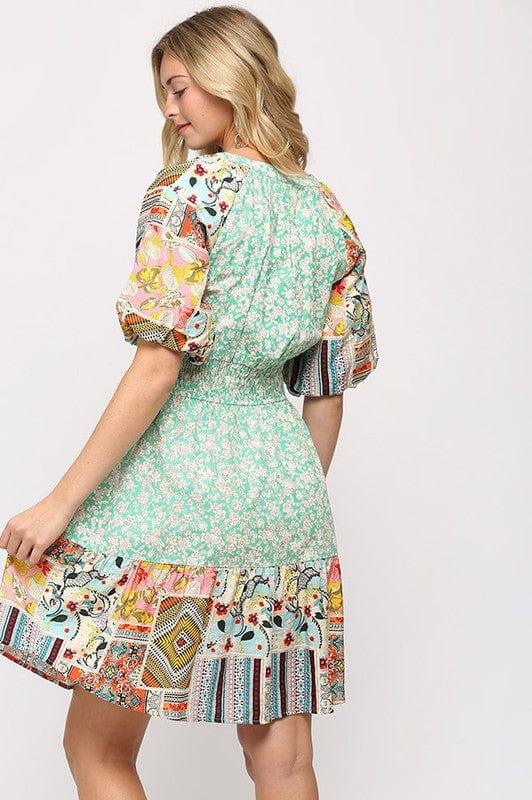 Mint Julep- womens mixed patchwork dress with self tie and bubble sleeves - Esme and Elodie