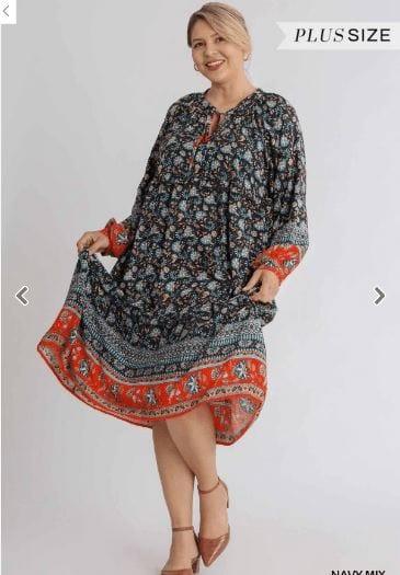 Women's Mixed Border Print Long Sleeve Maxi Dress with Tie Front Detail and No Lining - Esme and Elodie