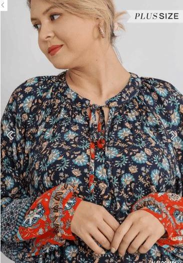Plus Women's Mixed Border Print Long Sleeve Maxi Dress with Tie Front Detail and No Lining - Esme and Elodie