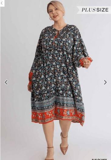 Women's Mixed Border Print Long Sleeve Maxi Dress with Tie Front Detail and No Lining - Esme and Elodie