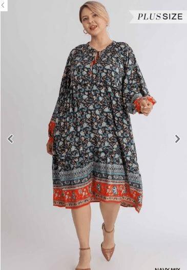 Plus Women's Mixed Border Print Long Sleeve Maxi Dress with Tie Front Detail and No Lining - Esme and Elodie