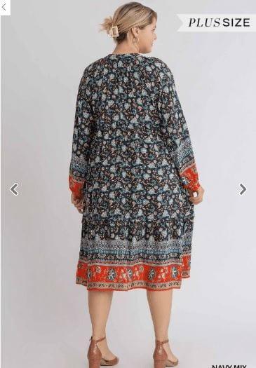 Plus Women's Mixed Border Print Long Sleeve Maxi Dress with Tie Front Detail and No Lining - Esme and Elodie