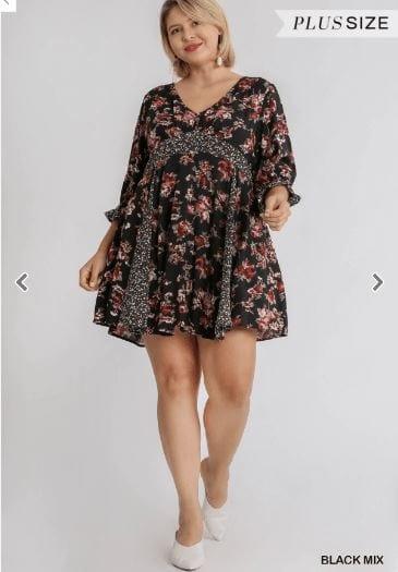 Mixed Floral Print 3/4 Sleeve V-Neck Babydoll Dress with Contrast Godet and Pockets - Esme and Elodie