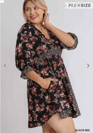 Mixed Floral Print 3/4 Sleeve V-Neck Babydoll Dress with Contrast Godet and Pockets - Esme and Elodie