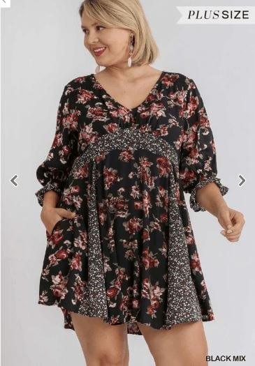 Mixed Floral Print 3/4 Sleeve V-Neck Babydoll Dress with Contrast Godet and Pockets - Esme and Elodie