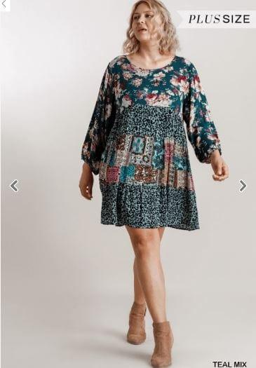 Mixed Printed Round Neck Tiered Dress with Long Puff Sleeves - Esme and Elodie