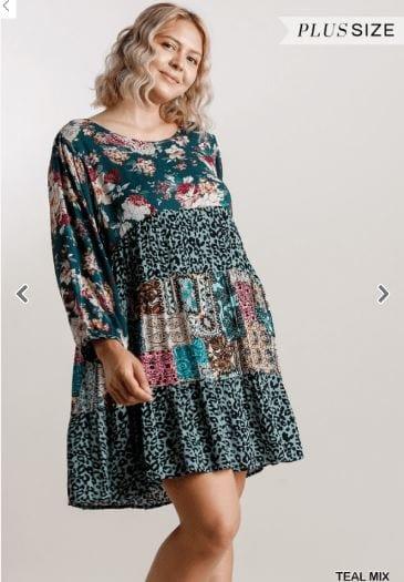Mixed Printed Round Neck Tiered Dress with Long Puff Sleeves - Esme and Elodie