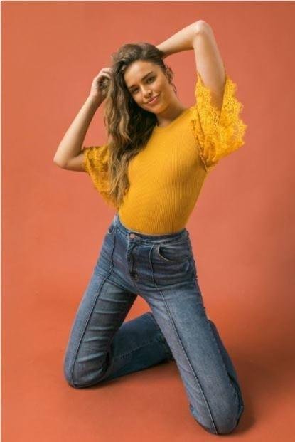 Women's Mona Lisa- women's lace sleeve sweater top in mustard - Esme and Elodie