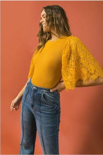 Women's Mona Lisa- women's lace sleeve sweater top in mustard - Esme and Elodie