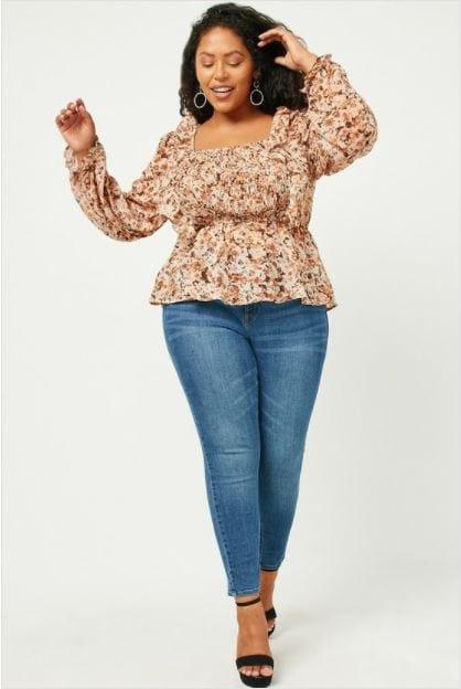Monet- plus size watercolor camel floral smocked top - Esme and Elodie