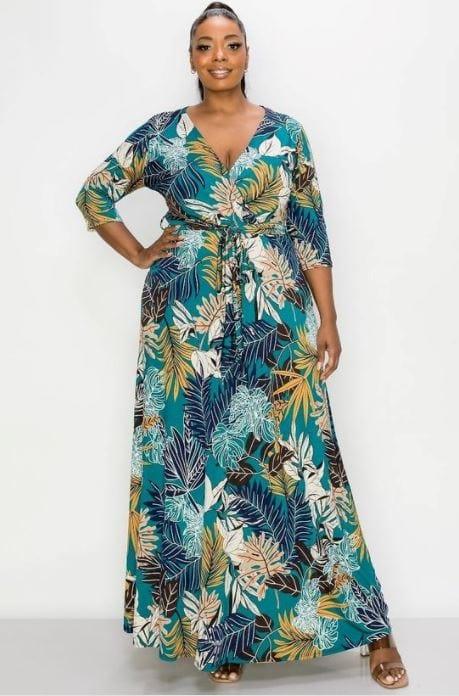 Monstera- plus size faux wrap maxi dress - Esme and Elodie