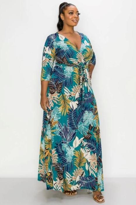 Monstera- plus size faux wrap maxi dress - Esme and Elodie