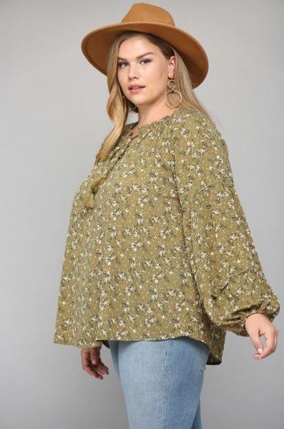 Mt. Sinai- light olive floral print blouse with tassel tie - Esme and Elodie