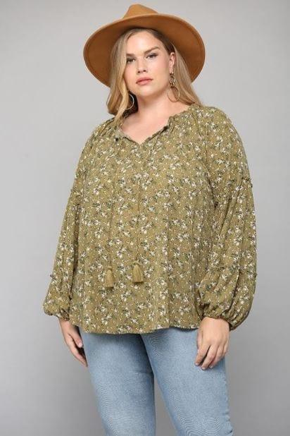 Mt. Sinai- light olive floral print blouse with tassel tie - Esme and Elodie