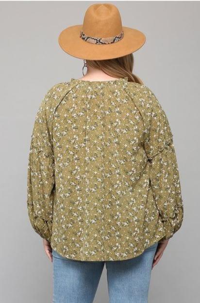 Mt. Sinai- light olive floral print blouse with tassel tie - Esme and Elodie