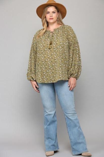 Mt. Sinai- light olive floral print blouse with tassel tie - Esme and Elodie