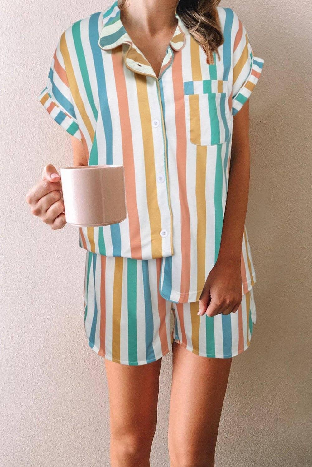 Women's Multicolor Striped Turn-down Collared Pajamas Set - Esme and Elodie
