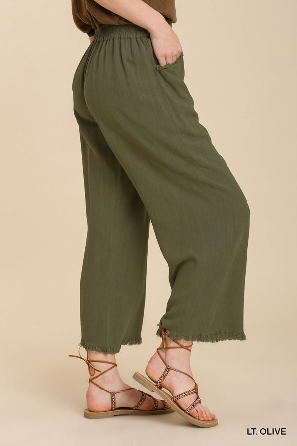 Womens Umgee Wide Leg Pant with Elastic Waist, Pockets, and Frayed Hem in Light Olive