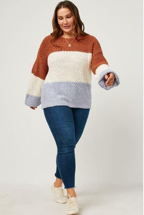 Ocean Shores- plus size popcorn colorblock round neck sweater - Esme and Elodie