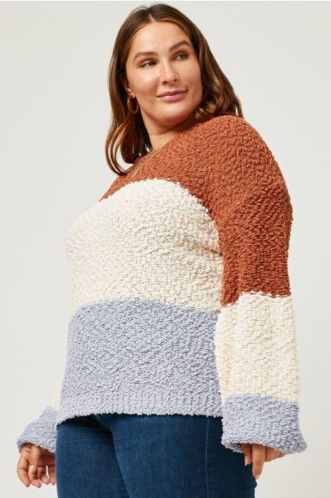 Ocean Shores- plus size popcorn colorblock round neck sweater - Esme and Elodie