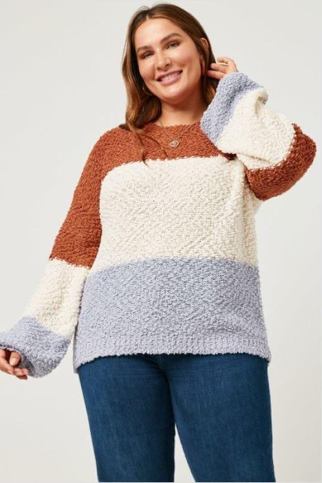 Ocean Shores- plus size popcorn colorblock round neck sweater - Esme and Elodie