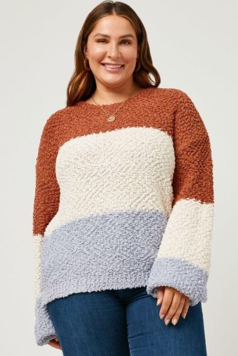 Ocean Shores- plus size popcorn colorblock round neck sweater - Esme and Elodie