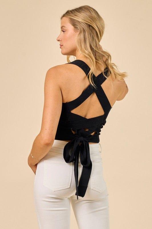 Open back knit sweater with cross cross back in black - Esme and Elodie