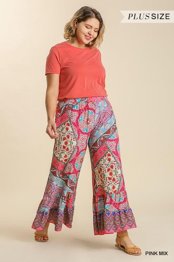 Palm Springs- plus size mixed print elastic waist pant with pockets - Esme and Elodie