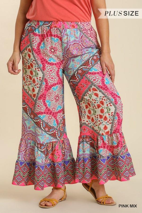 Palm Springs- plus size mixed print elastic waist pant with pockets - Esme and Elodie