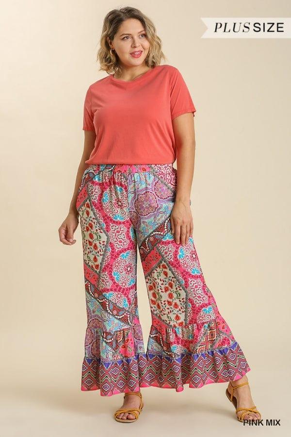 Palm Springs- plus size mixed print elastic waist pant with pockets - Esme and Elodie