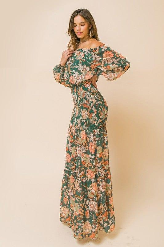 Women's Peacock Paisley womens woven maxi dress off the shoulder - Esme and Elodie